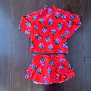 Hanna Andersson Strawberry Print Mock Neck Rash Guard + Bottom Skirt Size 3T